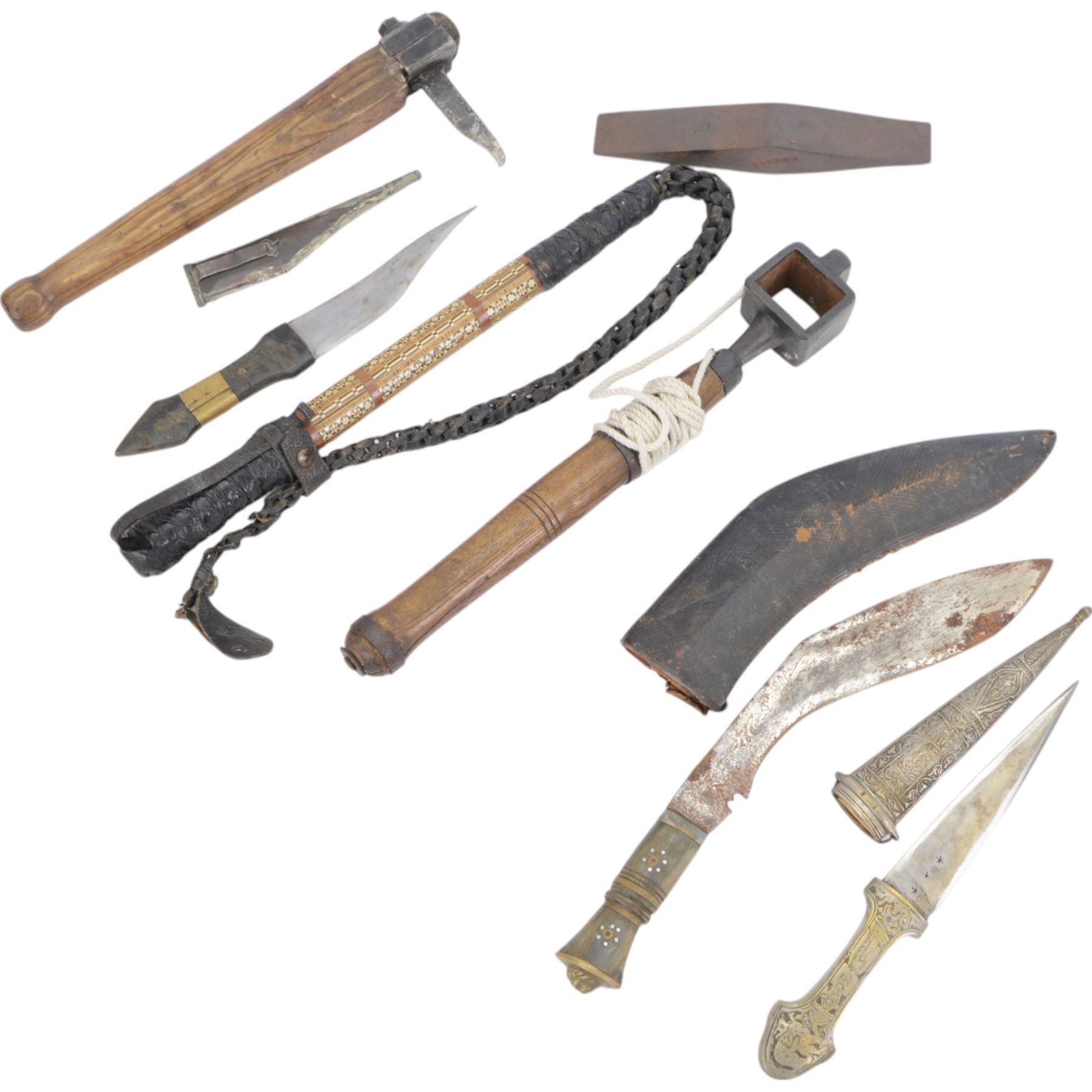 Kindjal dagger, the handle and scabbard decorated with figures and animals, together with middle eastern curved dagger and other knives and weapons 