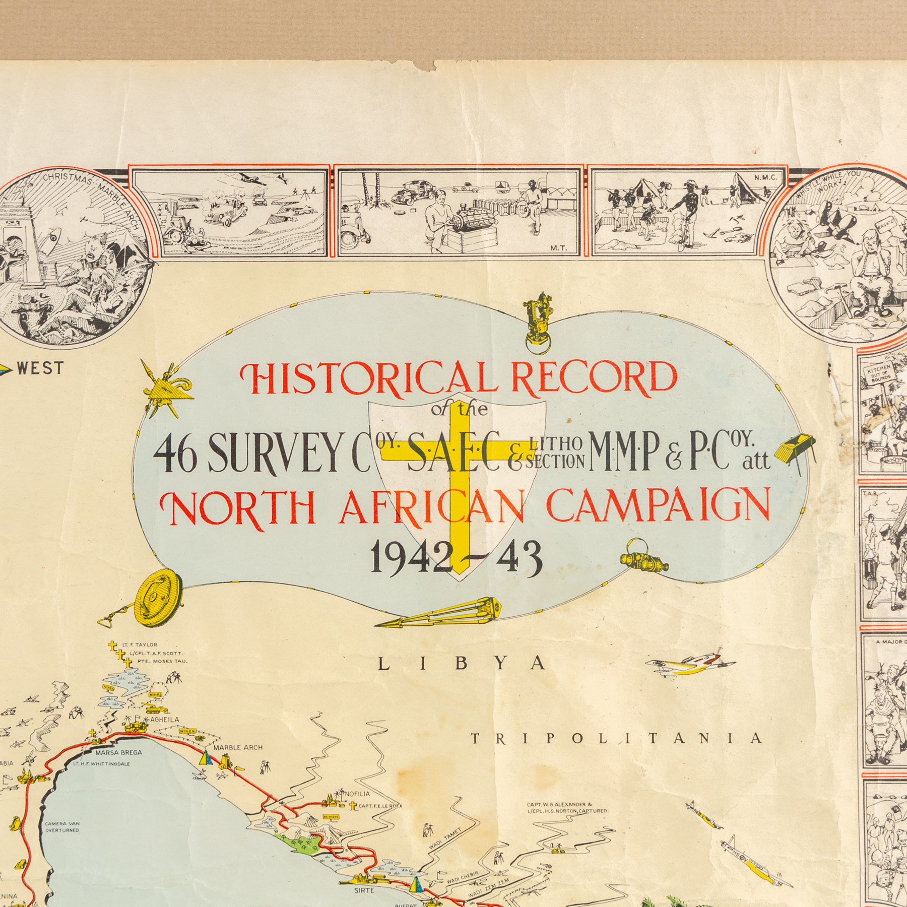 English School (Mid-20th century): 'Historical Record of the 46 Survey Company of the South African Engineer Corps - North African Campaign 1942-43', coloured pictorial map signed by Field Marshall Bernard Montgomery and Major General Frank Theron of the British Eighth Army in pen 47cm x 58cm
Notes: This commemorative map has no single cartographer; it was created collectively by the company to celebrate their military achievements during the campaign. The map reads 'drawn and printed by us in the desert just for fun' at the lower right corner.