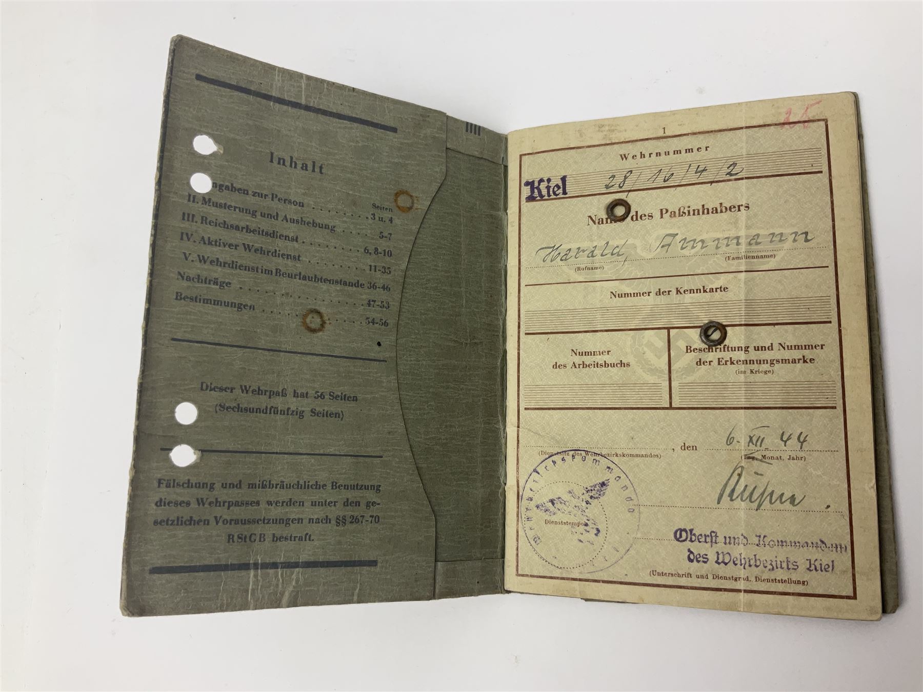 WW2 German Coastal Artillery Wehrpass for Marinehelfer Harald Ammann with small archive of modern research information.