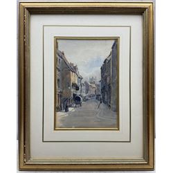 George H Martin (British exh.1905): Goodramgate York, watercolour signed and dated 1906, 26cm x 18cm
Notes: at the centre of the picture is the tower of Holy Trinity in Kings Court, demolished in 1931 now forming Kings Square