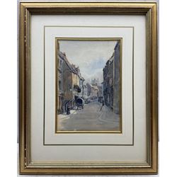 George H Martin (British exh.1905): Goodramgate York, watercolour signed and dated 1906, 26cm x 18cm
Notes: at the centre of the picture is the tower of Holy Trinity in Kings Court, demolished in 1931 now forming Kings Square