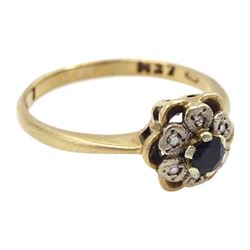 9ct gold sapphire and illusion set diamond cluster ring, hallmarked