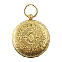 Victorian 18ct gold open face English lever ladies pocket watch by Robert Sutton, Whitehaven, No. 95098, white enamel dial with Roman numerals, case by Rotherham & Sons, Birmingham 1891, in original velvet and silk lined case