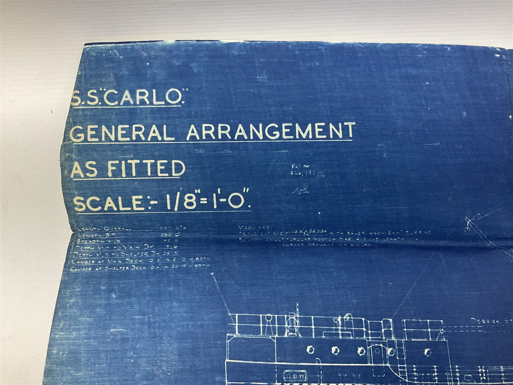 Blue print for the Ellerman's Wilson Line Ltd steam ship 'Carlo', entitled General Arrangement As Fitted' scale 1/8