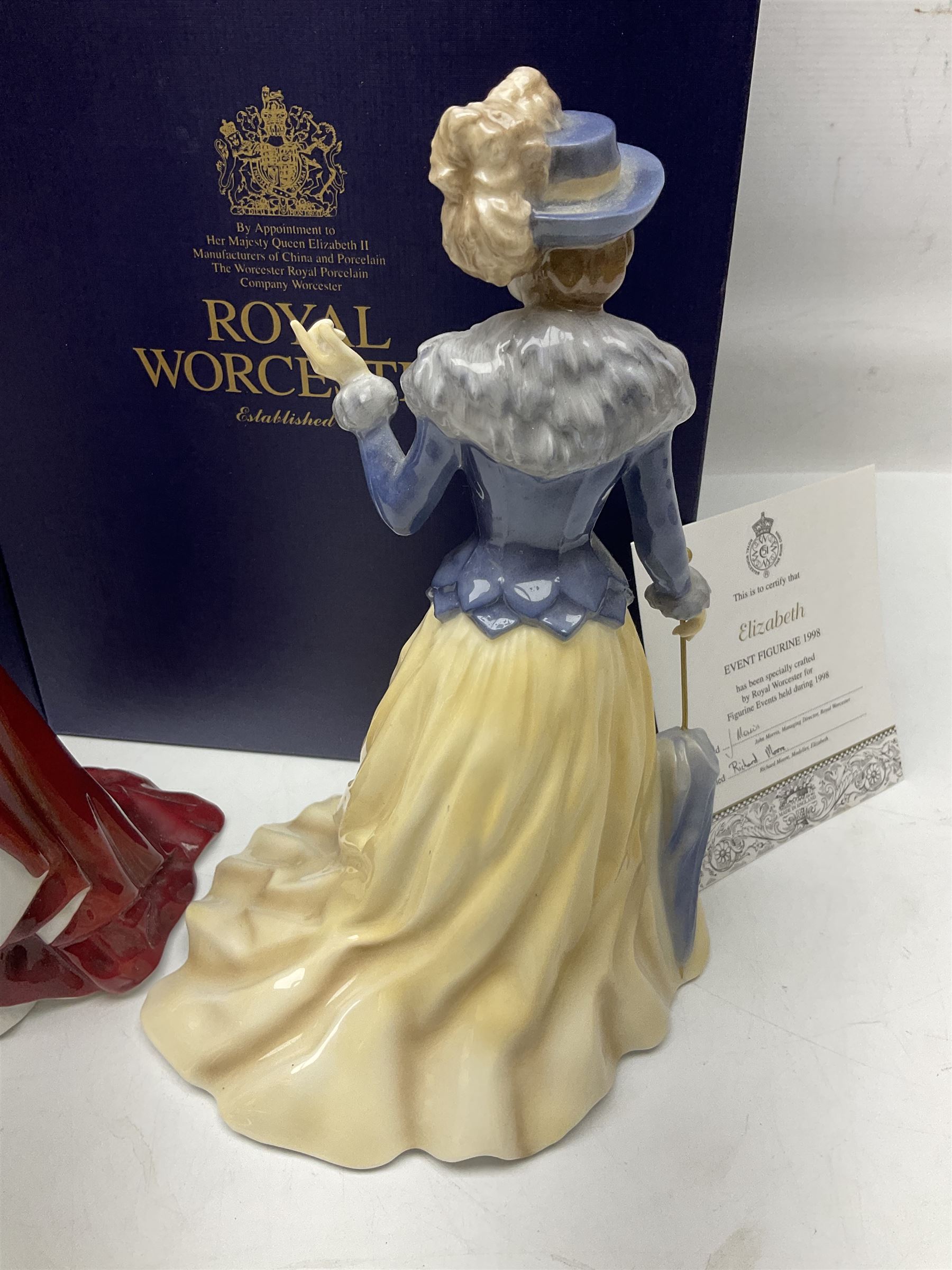 Three Royal Worcester figures, comprising Glyndebourne, with original box, Royal Worcester Special Even 1998 Elizabeth, with certificate and original box, and In Celebration of the Queens 80th Birthday 2006 