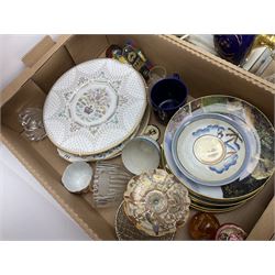 Twenty seven Porcelain Art miniature teapots, with wooden display together with a collection of other ceramics and glassware etc, including Goebel Hummel collectors plates, in three boxes,