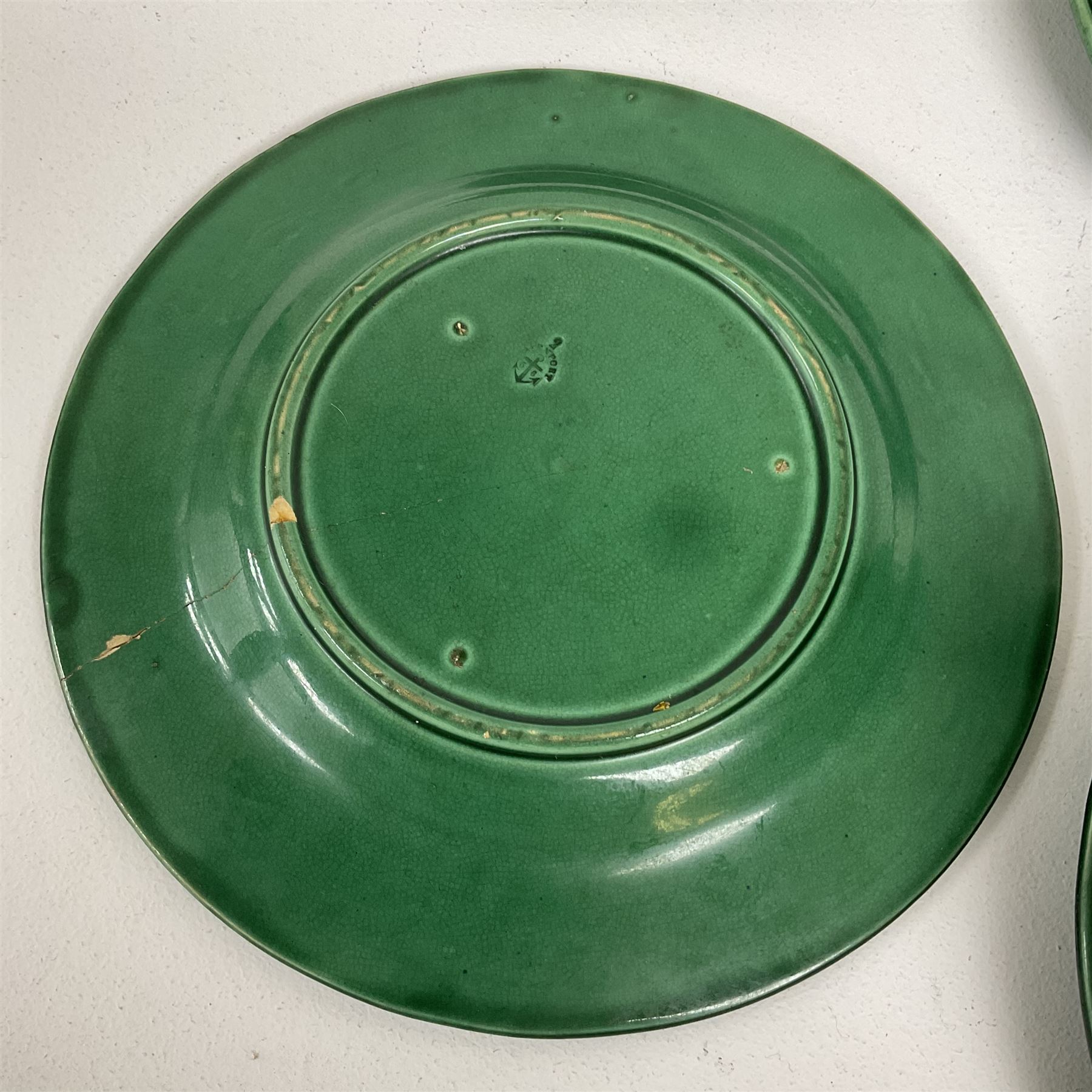 Ten majolica leaf design plates, including Davenport examples, D22cm 