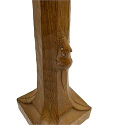 'Mouseman' tooled oak table lamp with tapered octagonal stem on leaf carved square base, carved mouse signature, by Robert Thompson of Kilburn 