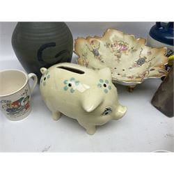 Beswick shell wall pocket, Shelley mould, advertising ceramics including BT Buzby money box, Arthur Wood pig money box, commemorative ware and a collection of other ceramics