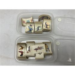 Quantity of mostly cigarette cards, housed in ring binder albums and loose, by Ardath, W.D. & H.O. Wills, John Player & Sons, The American Tobacco Co etc, including famous film stars, cinema stars, wild birds, poultry, dogs etc and various books or catalogues relating to cigarette card collecting, in one box