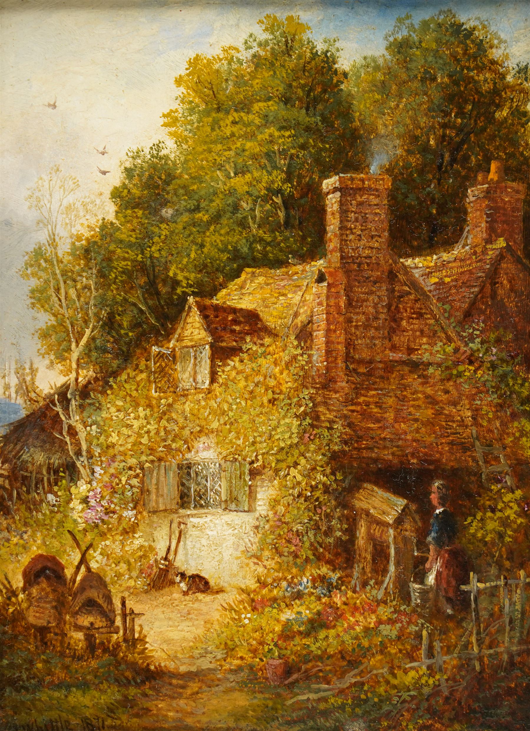 Thomas Whittle Junior (British fl.1865-1885): 'Cottage at Godalming', oil on board signed and dated 1871, 19cm x 14cm