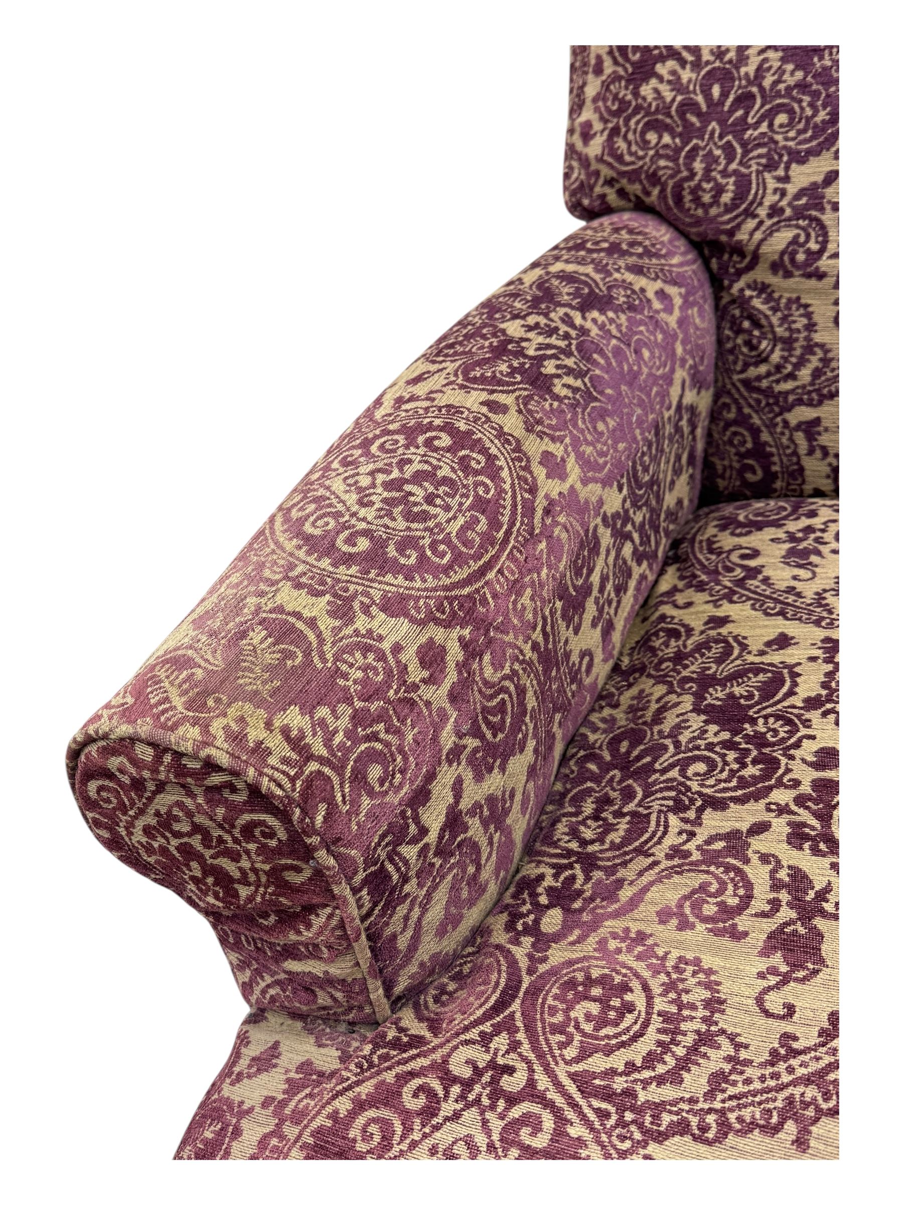 Multi-York - contemporary two-seat sofa, upholstered in damask fabric in shades of burgundy and beige, raised on turned and fluted supports; complete with matching footstool