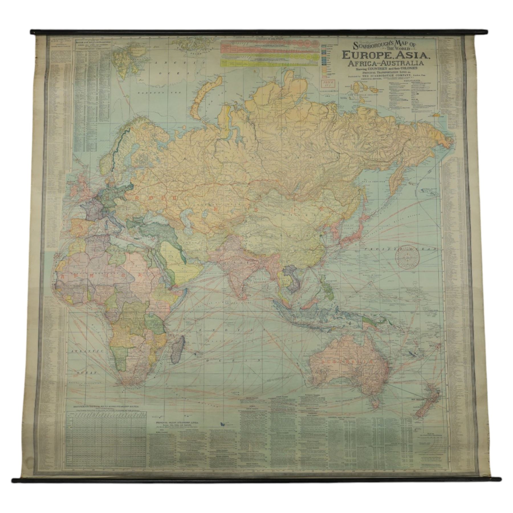 The Scarborough Company (London c.1907): 'Scarborough's Map of the World', double-sided rolled map on waxed silk, showing North America and South America recto, and Europe, Asia, Africa and Australasia verso, 101cm x 101cm