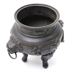Early 19th century Chinese Qing Dynasty bronze censer, the body of globular form with circular neck and twin cast lion mask ring handles, decorated with applied figures of a monkey, deer and bird, against a key fret detailed ground, the whole upon three zoomorphic elephant feet, H16.4cm D12cm