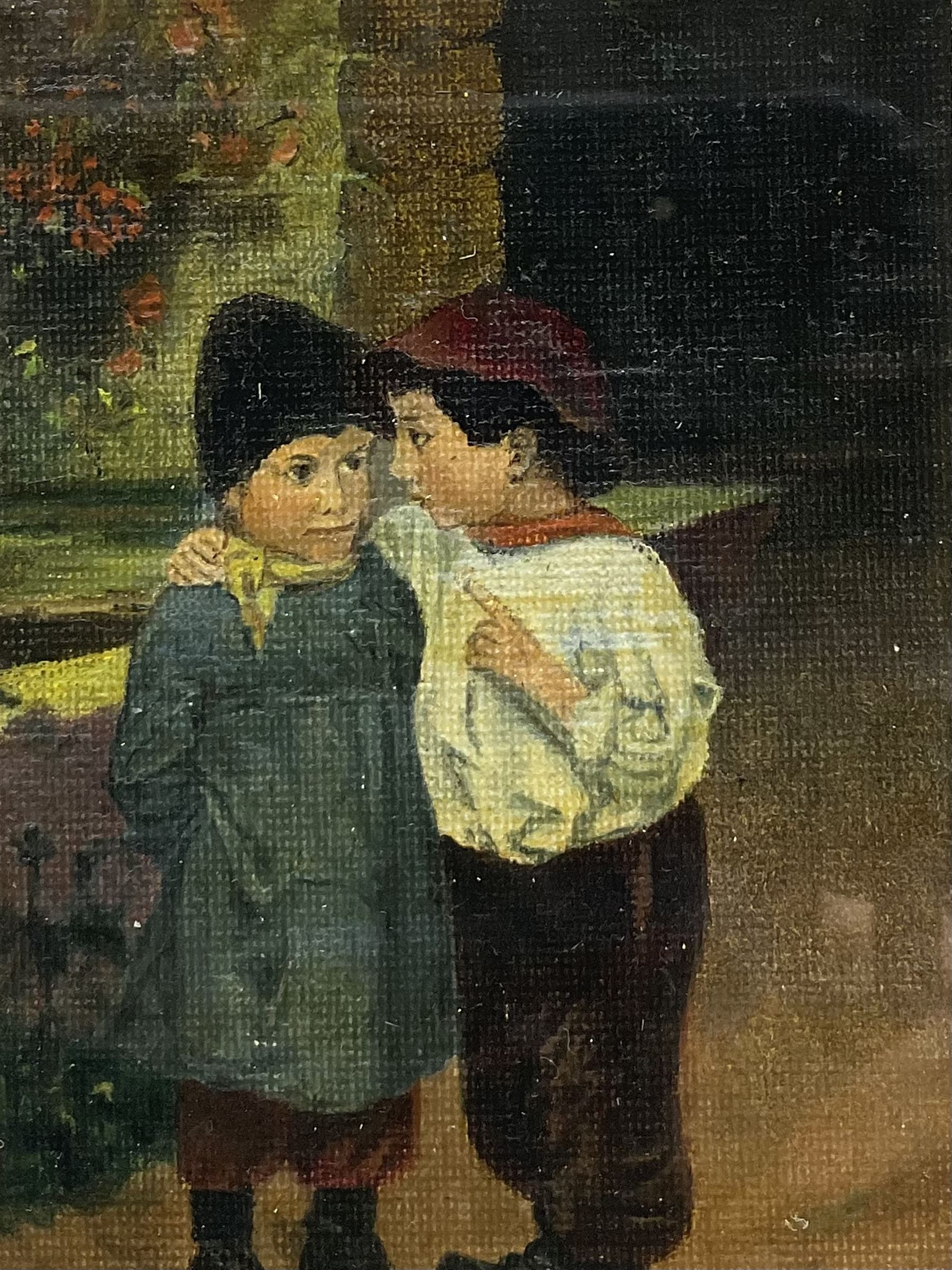 W H Pearson (British 19th/20th Century): 'Plotting Mischief', oil on canvas board, possibly faintly signed l.r., titled on the mount, inscribed 'W H Pearson' in a later hand beneath frame verso 12.5cm x 8.5cm