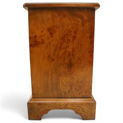 Late 20th century figured walnut miniature chest, the rectangular top with feather banded border over two short and two long drawers, fitted with brass batwing handles, upon moulded plinth base and four bracket feet, H60cm, w67cm, D36cm