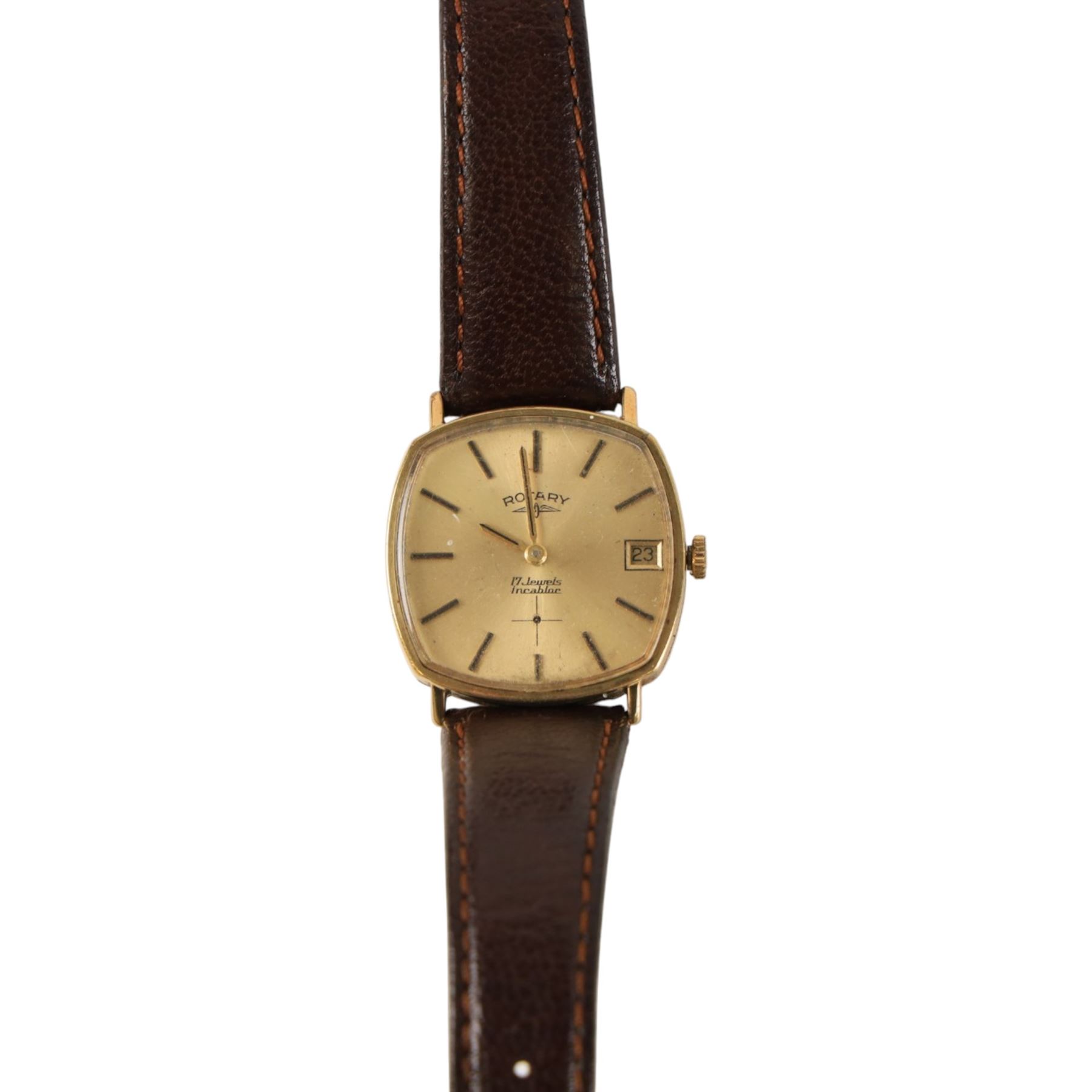 9ct gold cased Rotary wristwatch on leather strap and two silver cased pocket watches, both hallmarked 