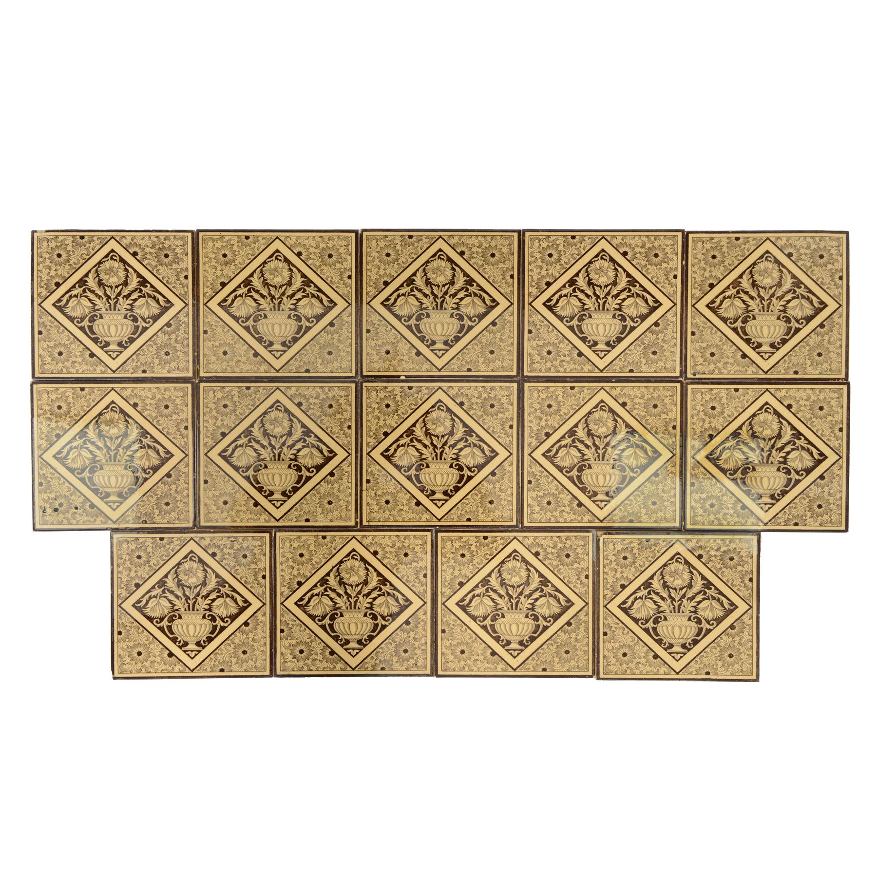Set of fourteen late 19th century Aesthetic movement six inch dust pressed tiles, each printed with central lozenge containing an urn of flowers, surrounded by flower heads and tendrils, in brown and buff