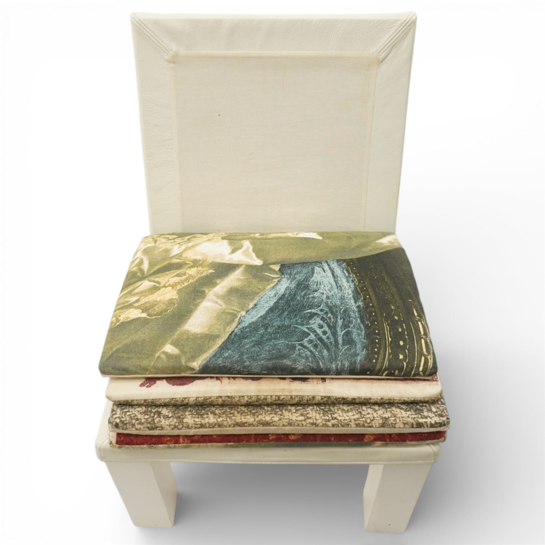 IKEA - ‘Selma’ chair designed by Front in 2009, the shaped wooden frame with white leather back and trim, fitted with cotton cushions with four interchangeable prints inspired by Swedish textile history