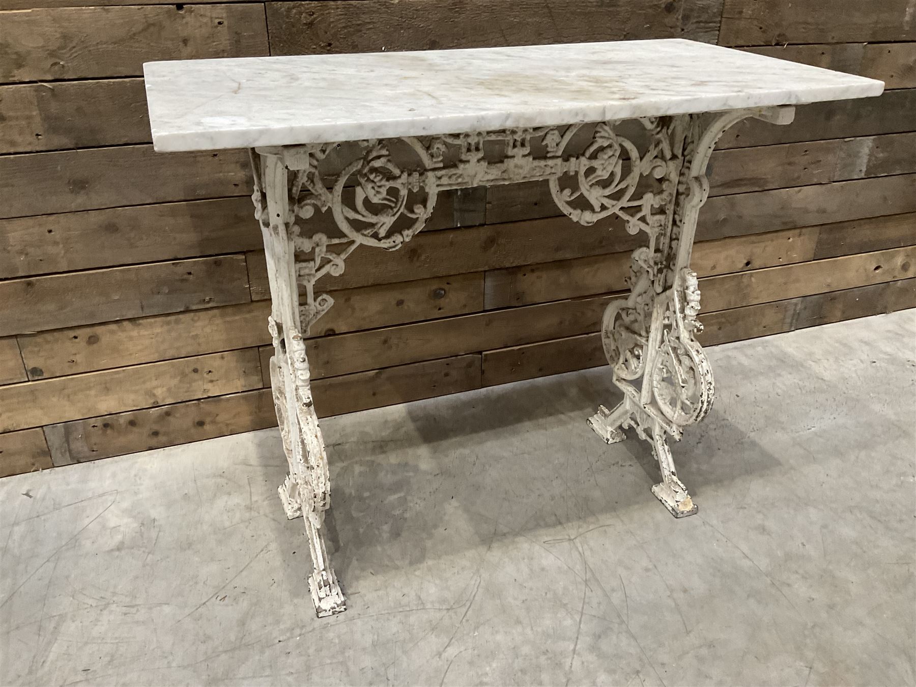 19th century Coalbrookdale design cast iron garden table, with rectangular marble top