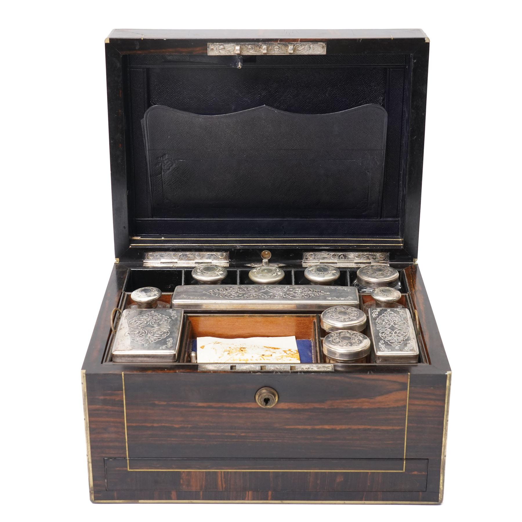 Victorian coromandel vanity box, revealing fully fitted interior with partial en suite vanity set, leather document pocket, the concealed draw accessed by pin mechanism, H18.5cm x W31.5cm x 23cm 