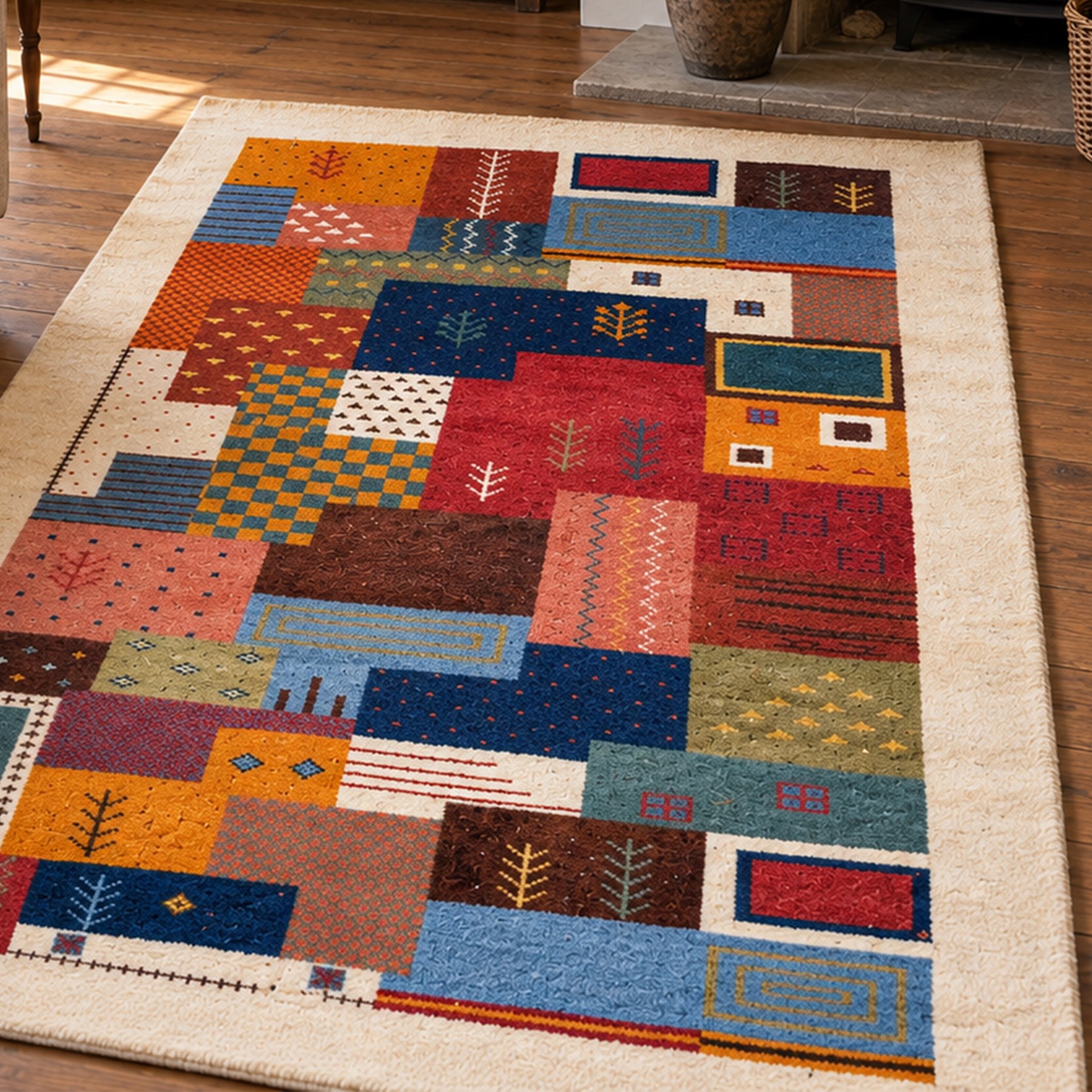 Persian style Gabbeh Loribaft design ivory ground rug, the vibrant field decorated with geometric patchwork design panels with interspersed stylised tree motifs, enclosed by a wide ivory guard band