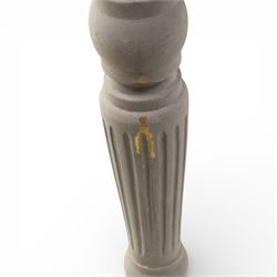 A pair of 19th century style pine console tables, with rectangular simulated marble top over a painted frieze, raised on fluted and turned tapering legs