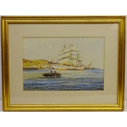  Clipper Ship off the Coast, watercolour signed and dated 1945 by A D Bell aka Wilfred Knox (British 1884-1966) 24cm x 36cm  