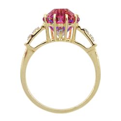 9ct gold fancy cut red topaz ring, with diamond set shoulders, hallmarked