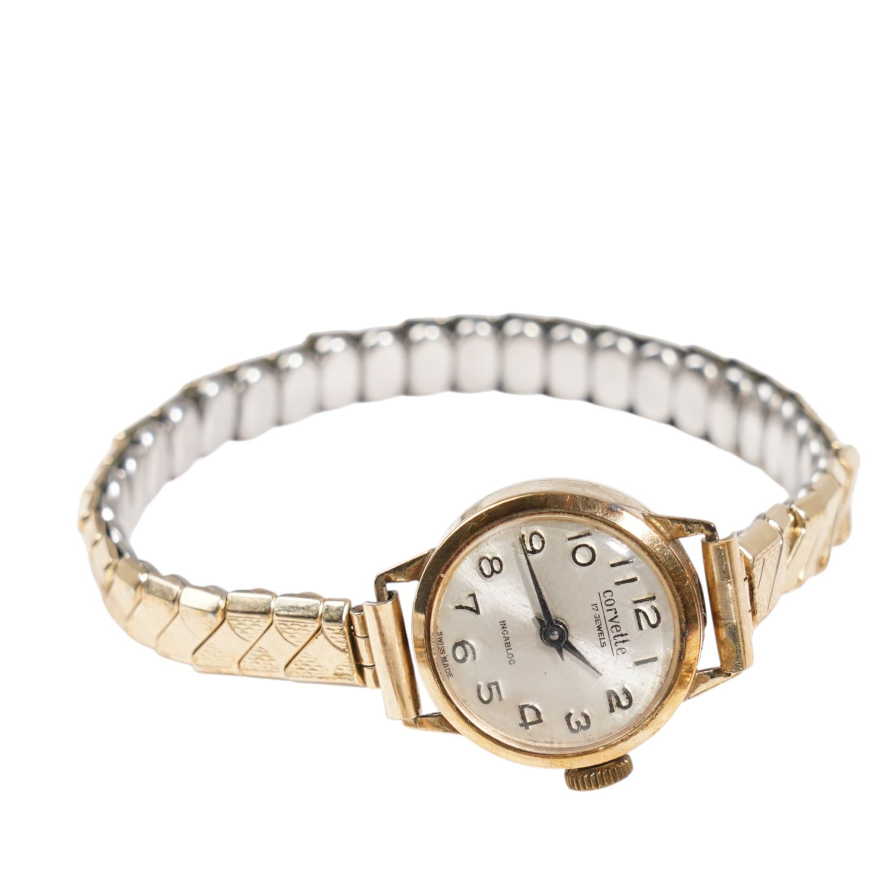 9ct gold gents wristwatch bracelet and a 9ct gold Corvette ladies wristwatch on rolled gold expanding bracelet