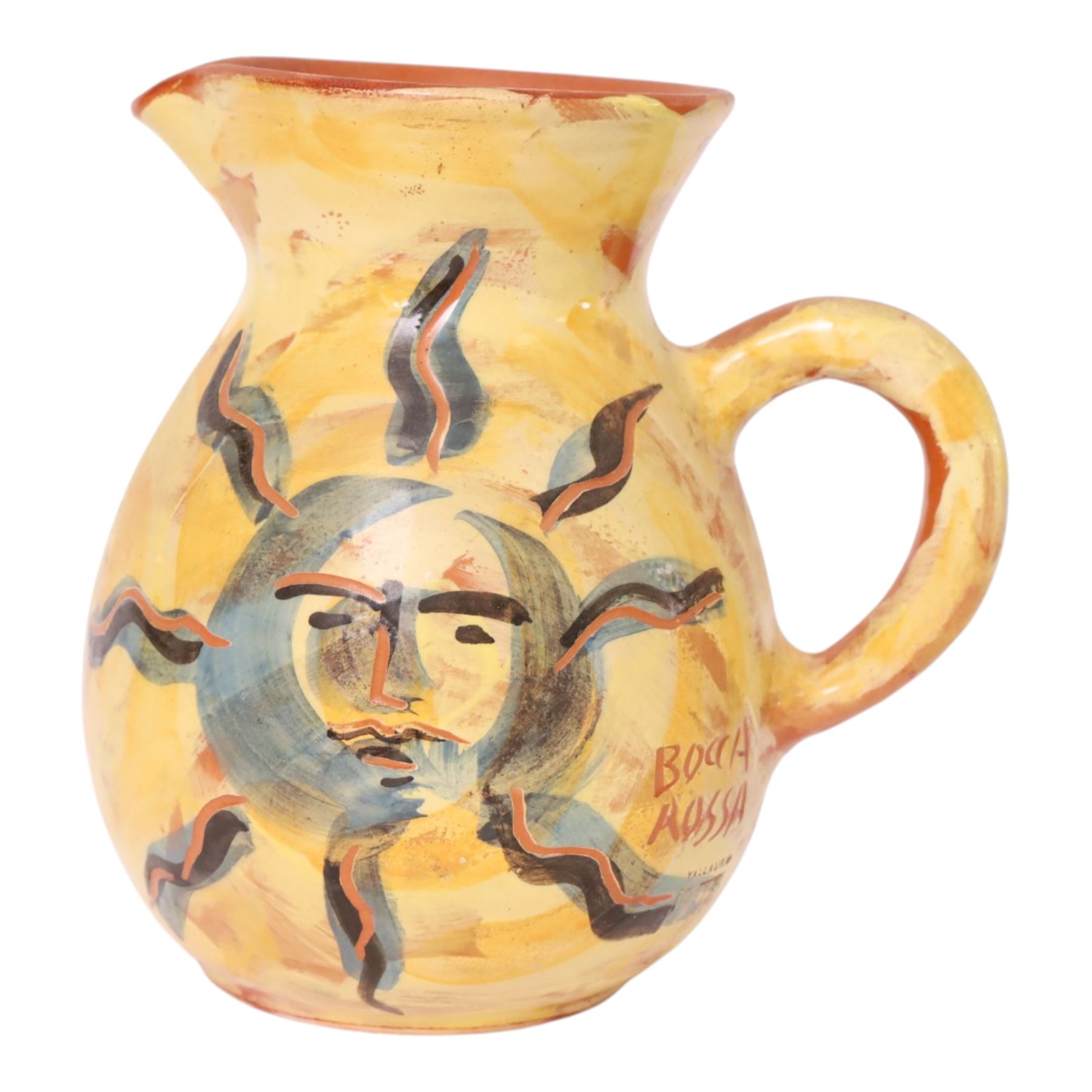 Vallauris French pottery by Patrick Bocca Rossa, jug painted with sun motifs upon a yellow ground, and an octagonal plate with a face to the center, both signed, jug H22cm 