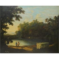 Grand Tour School (Late 18th century): Capriccio Tivoli Landscape with a Roman Sarcophagus and Figures, oil on canvas unsigned 71cm x 90cm