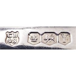 Mid 20th century silver rat tail pattern flatware for four place settings, comprising table knifes, table forks, side knives, side forks, and dessert spoons, hallmarked Cooper Brothers & Sons Ltd, Sheffield 1966, approximate weighable silver 20.98 ozt (652.7 grams)