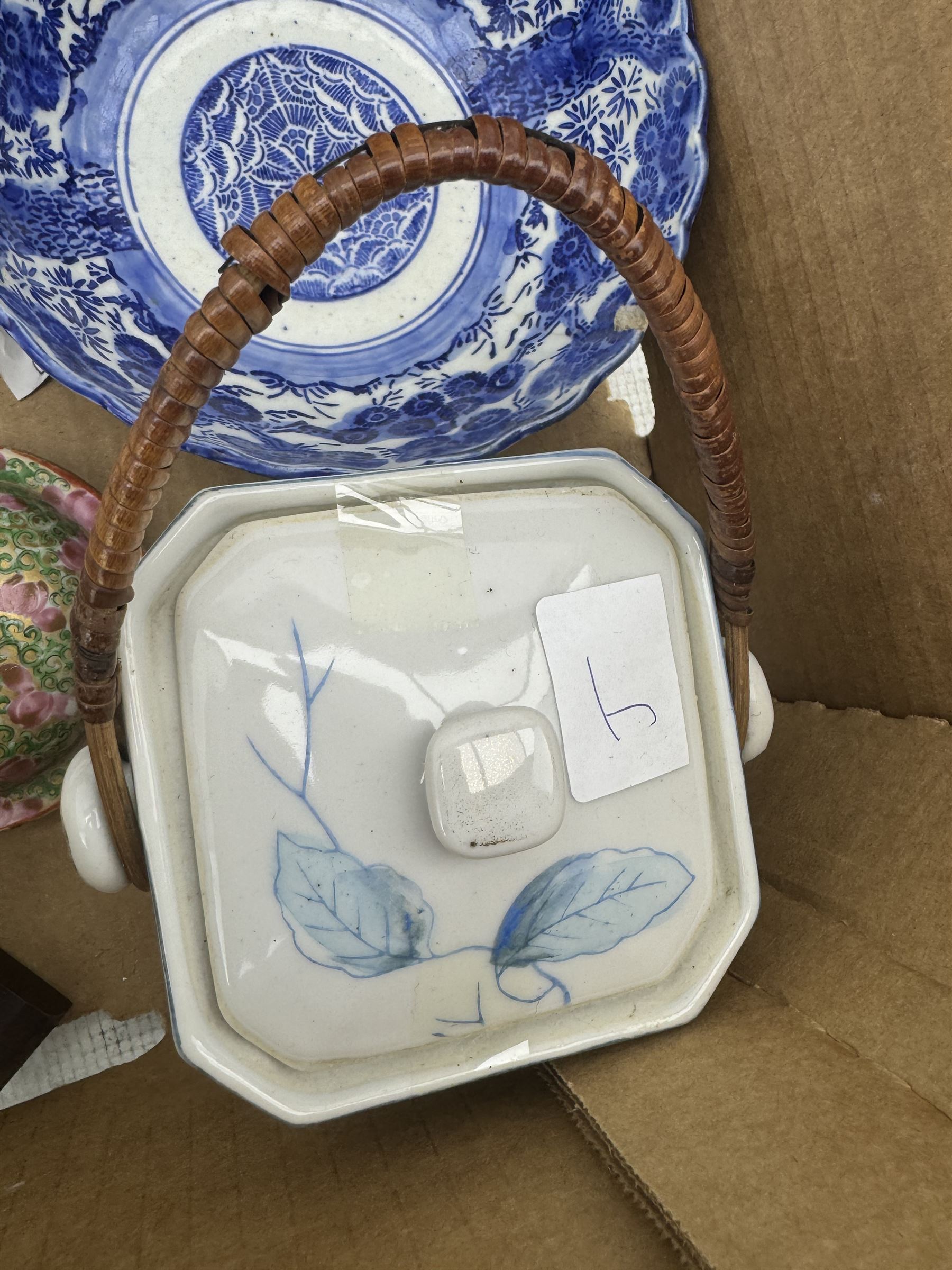 19th century figural candelabra by John Bevington, H29cm, modern Chinese vase with printed decoration, Japanese blue and white bowl, two Portuguese plates etc in one box