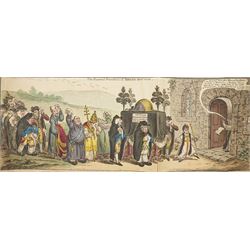 James Gillray (British 1756-1815): 'The funeral procession of Broad-Bottom', early 19th century satirical etching with-hand colouring pub. Hannah Humphrey, London, 1807, 26cm x 63cm (unframed)
Notes: William Wyndham Grenville, 1st Baron Grenville, who served as British Prime Minister from 1806 to 1807. 'Broad-bottom' being a satirical reference to his political affiliation with the Broad Bottom ministry.