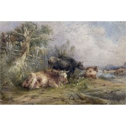 John Watkins (British 19th century): Cattle near the Waterside, watercolour signed and dated 1858, 20cm x 30cm