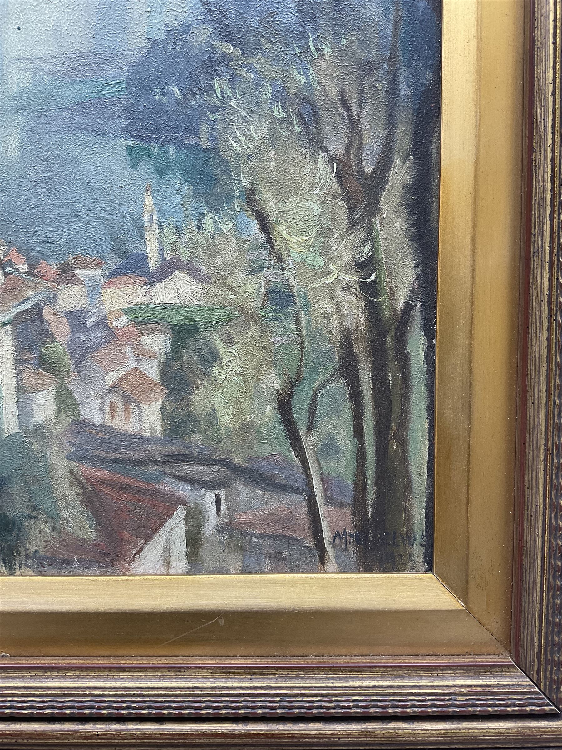 Mary Dawson Elwell (British 1874-1952): 'From Acquafredda' Italy, oil on panel signed and indistinctly dated 1923?, original title label verso 34cm x 26cm