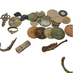 Various hammered silver coins, cartwheel penny, bosuns whistle, 9ct gold ring approx 2 grams, sterling silver ring, sterling silver ring set with a King George V 1936 three pence, silver pin cushion in the form of a bird missing pad, metal detecting finds etc