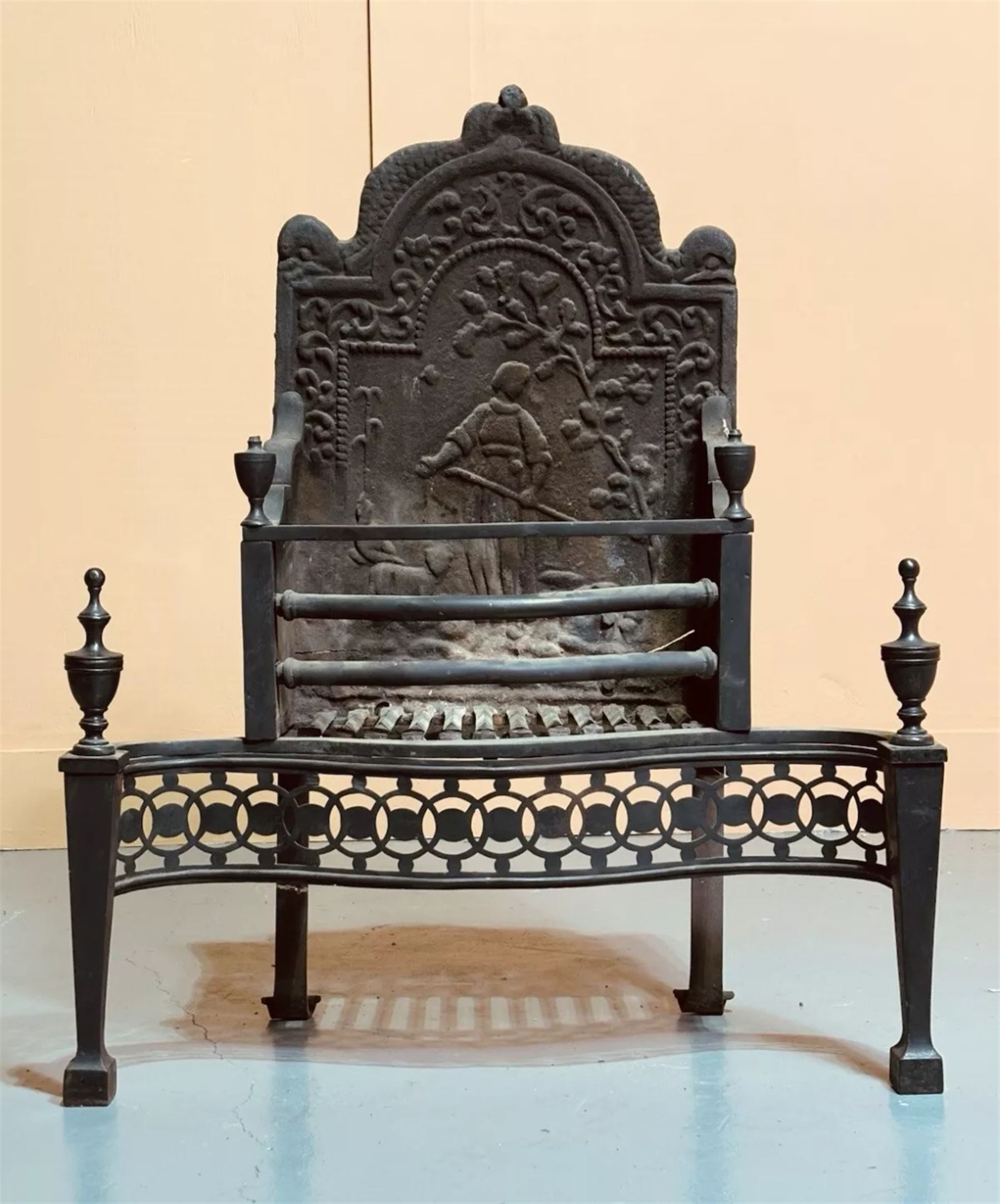 Victorian dog basket / fire grate of Georgian design, scrolled wrought, and cast iron, with decorative steel fret. H93cm W75cm D43cm - COLLECTION BY APPOINTMENT FROM: The White House, Thirsk Road, Easingwold, York, YO61 3NF - CALL 01723 507111 TO ARRANGE