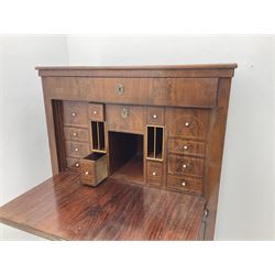 19th century figured mahogany secretarie cabinet, frieze drawer above fall front enclosing multiple drawers and compartments, three drawers below