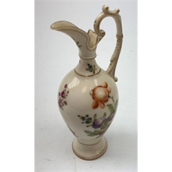 A large 19th century Staffordshire loving cup, detailed 'The Real Cabinet of Friendship Justice and Equity' (a/f), H22cm, together with a pair of 19th century Staffordshire dalmatians, upon oval blue bases, H13cm, a Dresden ewer hand painted with floral sprays, with mark beneath, H15.5cm, and a Coalbrookdale style floral encrusted vase and cover, H16.5cm. 
