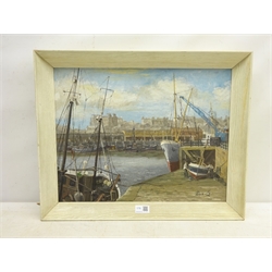  Don Micklethwaite (British 1936-): 'The Boat Painters' - Scarborough Harbour, oil on board signed, titled on exhibition label verso 36cm x 46cm   DDS - Artist's resale rights may apply to this lot    