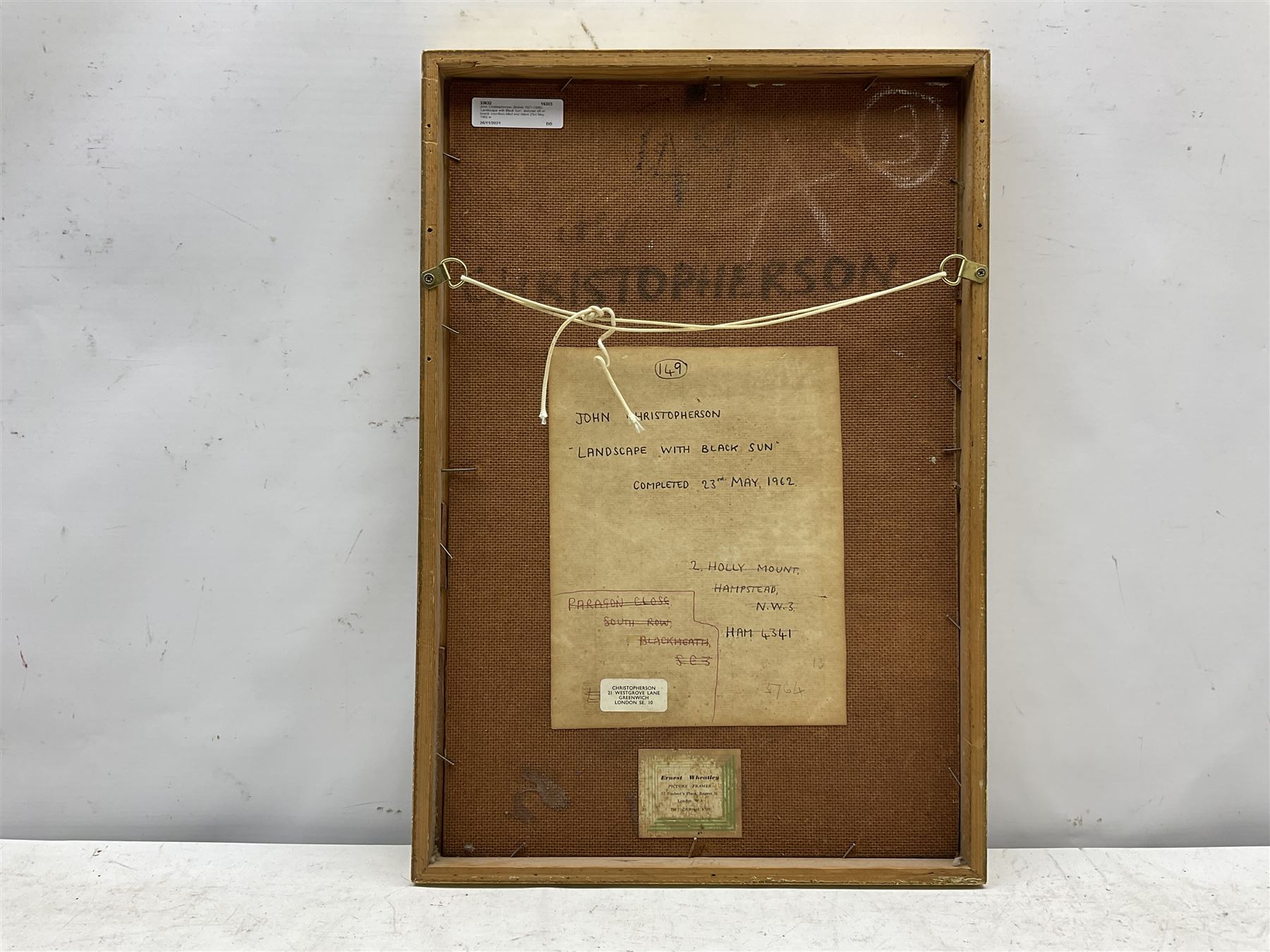 John Christopherson (British 1921-1996): 'Landscape with Black Sun', textured oil on board, inscribed titled and dated 23rd May 1962 with artist's address labels verso 45cm x 30cm