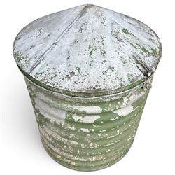 Galvanised storage drum with cover, of ribbed design in rustic green-painted finish