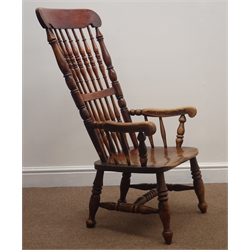  Victorian elm country armchair, spindle back, turned supports, W58cm  