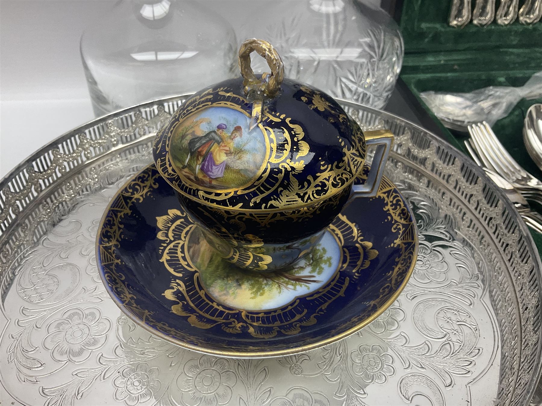 Canteen of cutlery together with Coalport basket, glass decanters and other collectables 