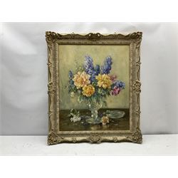 Owen Bowen (Staithes Group 1873-1967): Still Life - Flowers in a Glass Vase, oil on canvas signed 59cm x 49cm