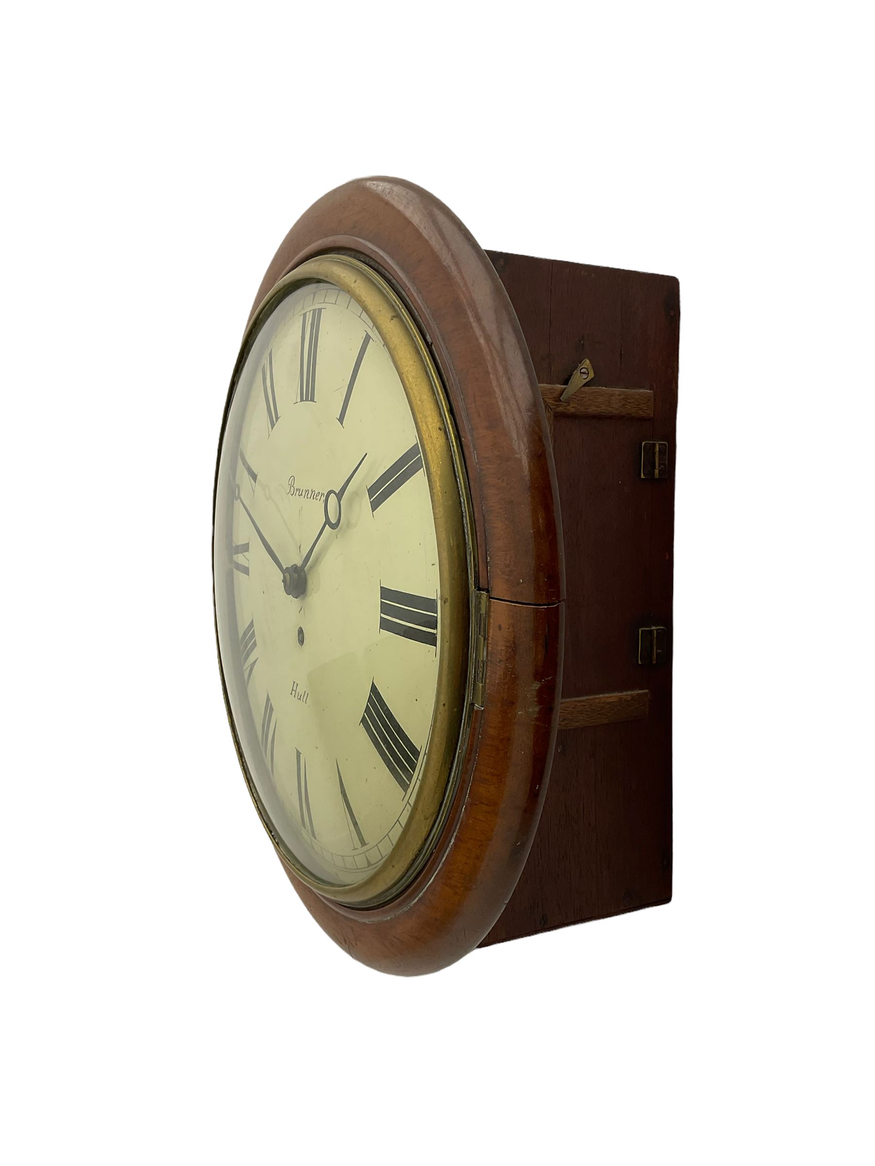 A late 19th century 8-day wall clock with a 15” mahogany bezel and 12” painted convex dial with a cast brass bezel, Roman numerals, minute track and matching steel moon hands, dial inscribed “Brunner, Hull” with a single train fusee movement, anchor escapement, rectangular movement plates with chamfered shoulders, case with two side doors and pendulum adjustment door to the curved base. With pendulum.  
****Engelbert Ignatius Brunner from Baden (Germany)  worked from Queen Street Hull . c 1886-1907.
