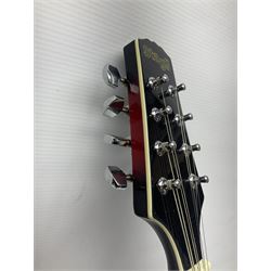 Stagg Model M50 E eight-string electro-acoustic mandolin; bears makers label L69cm; in cardboard delivery box with lead