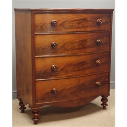  Victorian figured mahogany bow front chest, four long drawers, turned feet, W107cm, H124cm, D55cm  
